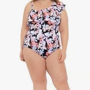 Time and Tru Floral One Piece Print Swimsuit - Black, Pink, White